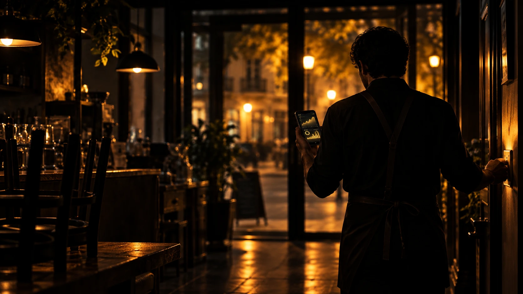 Un dueño cierra su local de noche mirando el tablero del negocio en su celular, tranquilo