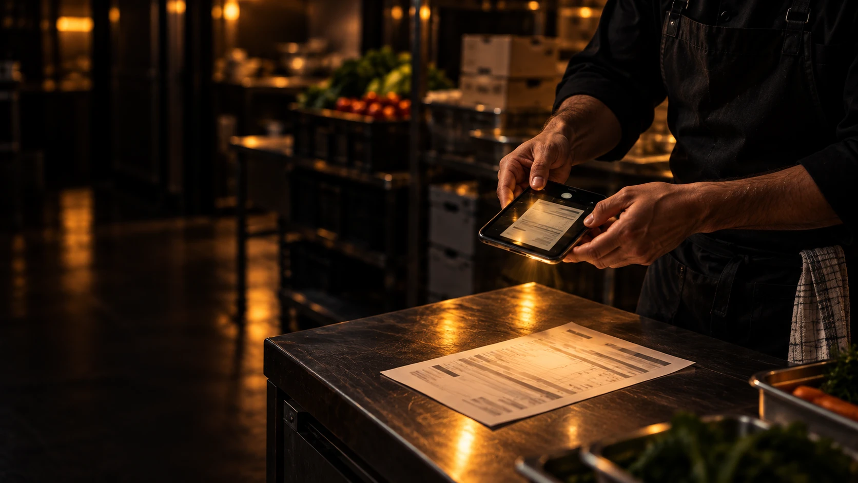 Un trabajador gastronómico le saca una foto a la factura del proveedor en la cocina: el sistema la lee y carga sola